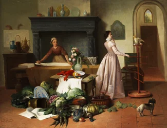 Elegante Dame mit Kakadu in einem Interieur mit Stilllebenarrangement